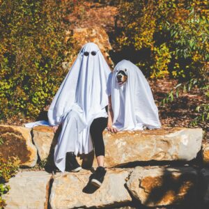 Photograph of a woman and dog seated on a stone wall wearing bedsheets as ghost costumes.